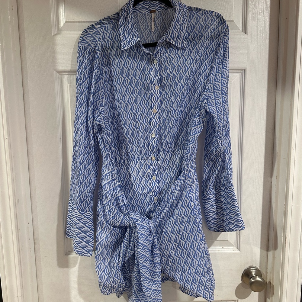 Free People Blue and White Geometric Sarong Wrap Dress